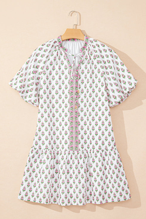 Pink Floral Print Bubble Sleeve Neck Tie Ruffled Dress